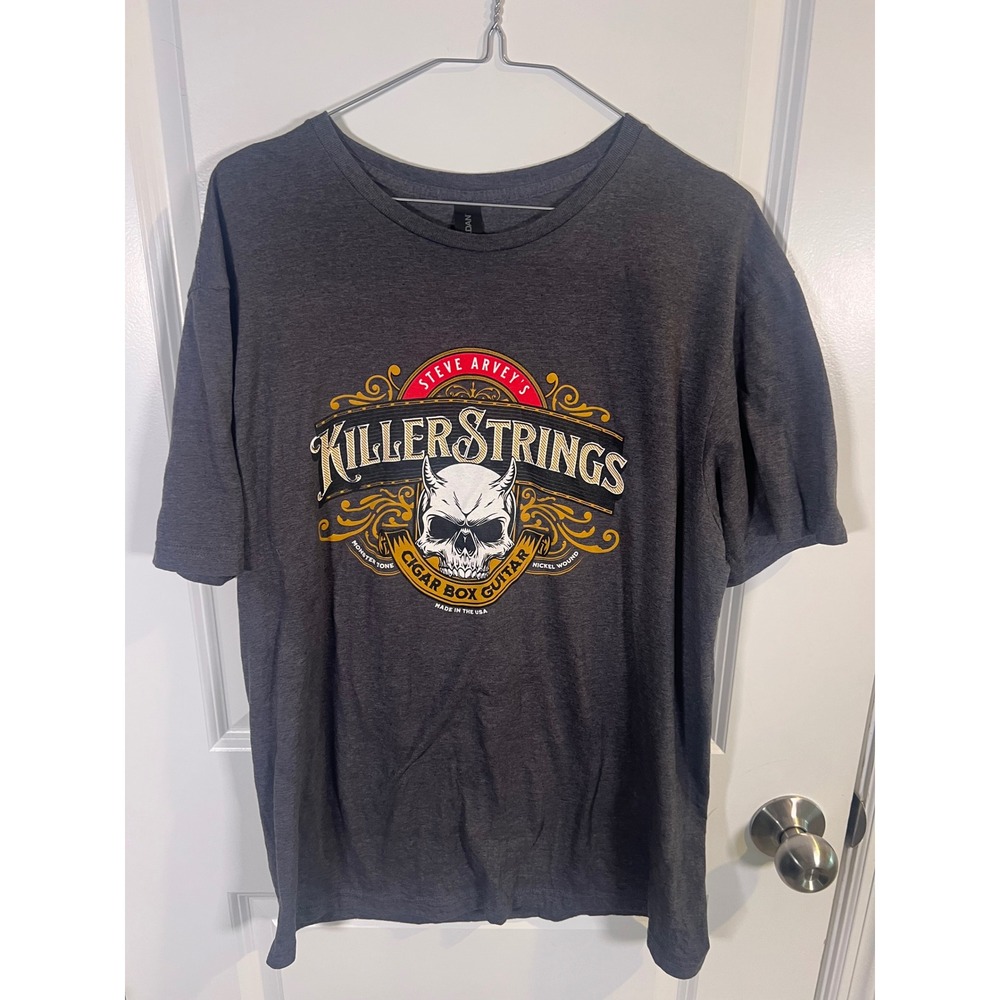 Gildan Mens T-Shirt Killer Strings Cigar Box Guitar Graphic Gray Large